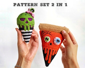 Skull ice cream and skull pizza CROCHET PATTERN set / Amigurumi PDF English pattern set / Halloween toys patterns / Crochet food pattern