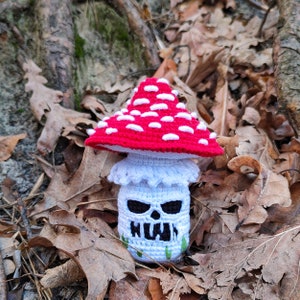 May include: A crocheted mushroom with a red cap dotted with white spots, a white stem, and a skull face. The mushroom is set against a backdrop of brown leaves and tree bark.