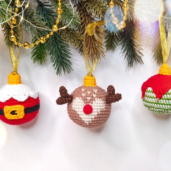 Décorations de Noël MOTIF AU CROCHET / Modèle PDF Amigurumi boules de Noël / Modèle au crochet anglais lot de 3 : Père Noël, elfe et renne