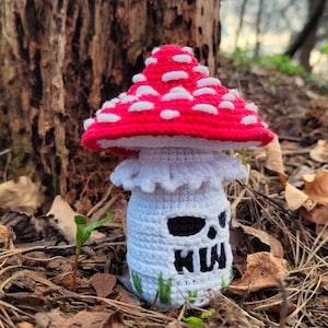 May include: A crocheted mushroom with a red cap and white polka dots. The stem is white with a skull design and the word "KILL" in black. Green yarn accents the base of the mushroom.