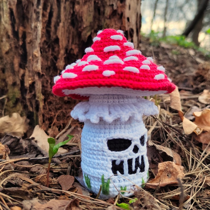 May include: A crocheted mushroom with a red cap and white polka dots. The stem is white with a skull design and the word "KILL" in black. Green yarn accents the base of the mushroom.