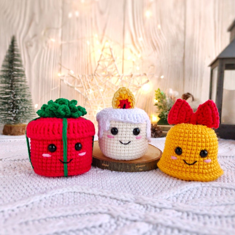 Christmas ornaments CROCHET PATTERN Amigurumi Christmas PDF pattern English crochet pattern set of 3: candle, bell, gift box image 1