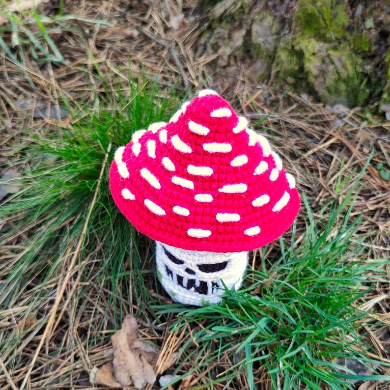 May include: A handmade crochet mushroom with a red cap and white spots. The stem is white with a skull design. The mushroom is set against a backdrop of grass and fallen leaves.