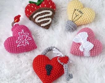 Patron CROCHET coeurs Saint Valentin / Porte-clés coeur Amigurumi PDF Patron anglais / Patron crochet Saint Valentin 5 en 1