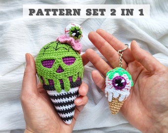Creepy ice cream crochet pattern SET 2 in 1/ Amigurumi skull ice cream PDF English pattern / Crochet keychain pattern / Crochet food pattern