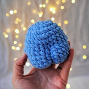 May include: A blue crocheted ball with a textured surface.