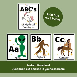 Mythical Creature ABC Flashcards | Printable Alphabet Practice | Letter Recognition | Cryptid Creature Recognition | Printable Flashcards