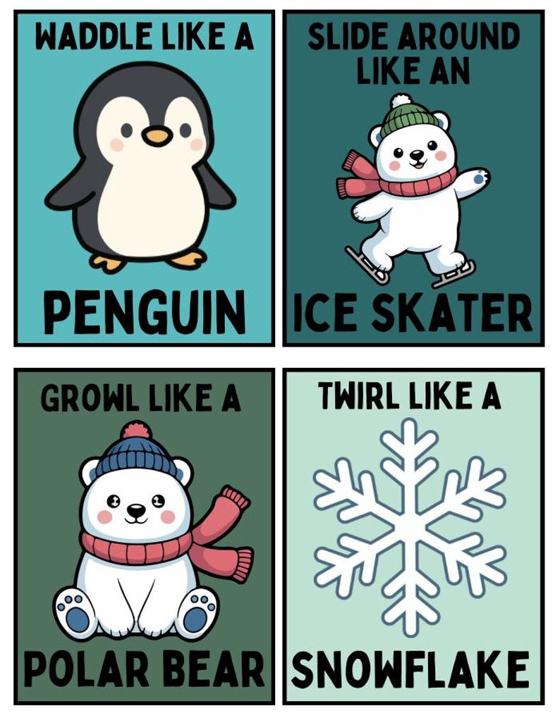 May include: Four square illustrations with cartoon animals and text. A penguin with the text "Waddle like a Penguin". A polar bear ice skating with the text "Slide around like an Ice Skater". A polar bear with the text "Growl like a Polar Bear". A snowflake with the text "Twirl like a Snowflake".