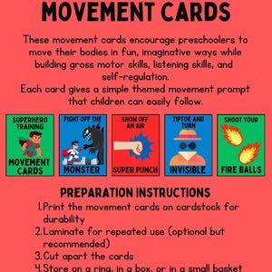 Puede incluir: Tarjetas de movimiento de entrenamiento de superh&eacute;roes con ilustraciones coloridas e instrucciones. Las tarjetas presentan indicaciones como "Lucha contra el monstruo" y "Dispara tus bolas de fuego", dise&ntilde;adas para preescolares.