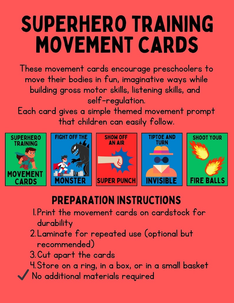 Puede incluir: Tarjetas de movimiento de entrenamiento de superh&eacute;roes con ilustraciones coloridas e instrucciones. Las tarjetas presentan indicaciones como "Lucha contra el monstruo" y "Dispara tus bolas de fuego", dise&ntilde;adas para preescolares.