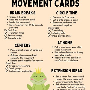 May include: Educational poster titled "How to Use Movement Cards" with instructions for brain breaks, circle time, centers, at home, and extension ideas. Includes a cartoon frog illustration.