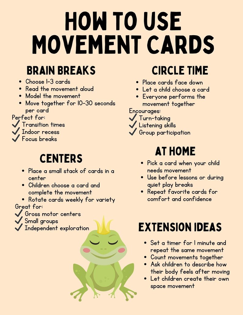 May include: Educational poster titled "How to Use Movement Cards" with instructions for brain breaks, circle time, centers, at home, and extension ideas. Includes a cartoon frog illustration.
