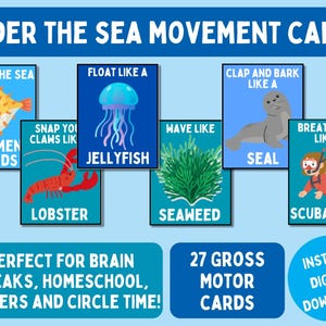 K&ouml;nnte beinhalten: Ein Satz von "Unter dem Meer Bewegungskarten" mit Illustrationen von Meereskreaturen und Aktionen. Enth&auml;lt einen Kugelfisch, eine Qualle, einen Hummer, Seetang, eine Robbe und einen Taucher. Text enth&auml;lt "27 Grobmotorikkarten".