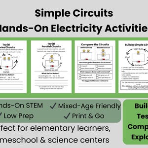 May include: Educational printable with simple circuits activities. Includes diagrams for series and parallel circuits, with questions to compare and explore. The image also includes the text "Hands-On STEM", "Mixed-Age Friendly", "Low Prep", and "Print & Go".