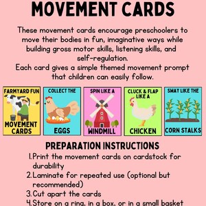 May include: A pink educational poster titled "Farmyard Fun Movement Cards" with colorful illustrations of farm animals and instructions for preschool activities. The cards encourage movement and gross motor skills.