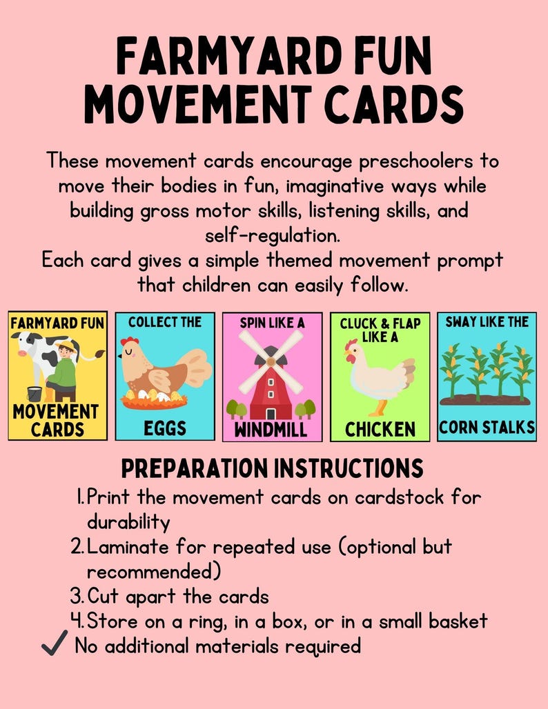 May include: A pink educational poster titled "Farmyard Fun Movement Cards" with colorful illustrations of farm animals and instructions for preschool activities. The cards encourage movement and gross motor skills.