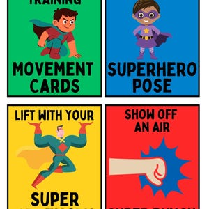 Puede incluir: Cuatro tarjetas coloridas con ilustraciones y texto con tem&aacute;tica de superh&eacute;roes. Las tarjetas presentan a un ni&ntilde;o con capa, una ni&ntilde;a con un atuendo morado, un superh&eacute;roe levantando y un pu&ntilde;o golpeando. El texto incluye "Entrenamiento de superh&eacute;roes", "Tarjetas de movimiento".