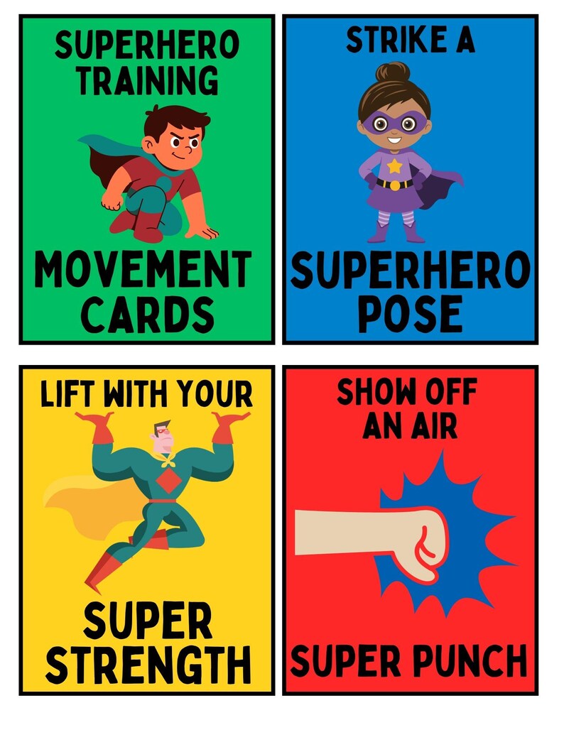 Puede incluir: Cuatro tarjetas coloridas con ilustraciones y texto con tem&aacute;tica de superh&eacute;roes. Las tarjetas presentan a un ni&ntilde;o con capa, una ni&ntilde;a con un atuendo morado, un superh&eacute;roe levantando y un pu&ntilde;o golpeando. El texto incluye "Entrenamiento de superh&eacute;roes", "Tarjetas de movimiento".