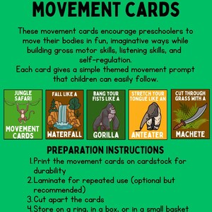 Puede incluir: Un p&oacute;ster verde con el texto "Tarjetas de movimiento de safari en la jungla". Incluye tarjetas ilustradas con indicaciones como "Cascada" y "Gorila". Tambi&eacute;n se incluyen instrucciones de preparaci&oacute;n.