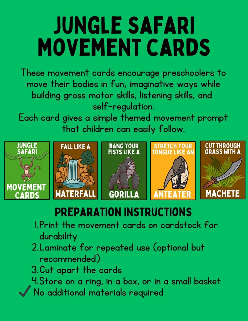 Puede incluir: Un p&oacute;ster verde con el texto "Tarjetas de movimiento de safari en la jungla". Incluye tarjetas ilustradas con indicaciones como "Cascada" y "Gorila". Tambi&eacute;n se incluyen instrucciones de preparaci&oacute;n.