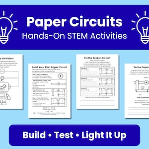Puede incluir: Un póster educativo azul con el título "Paper Circuits" y el subtítulo "Actividades STEM prácticas". El póster incluye instrucciones para construir circuitos de papel, incluyendo "Light-Up the Robot" y "Build Your First Paper Circuit".