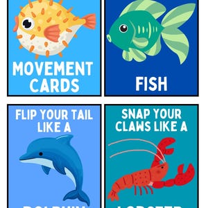 K&ouml;nnte beinhalten: Vier farbenfrohe Karten mit Meeresbewohnern und Anweisungen. Die Karten zeigen einen Kugelfisch, einen gr&uuml;nen Fisch, einen blauen Delfin und einen roten Hummer. Der Text lautet "Under the Sea", "Swim Like a Fish", "Flip Your Tail Like a Dolphin" und "Snap Your Claws Like a Lobster."