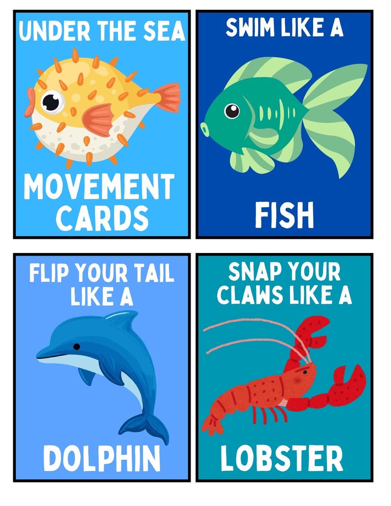 K&ouml;nnte beinhalten: Vier farbenfrohe Karten mit Meeresbewohnern und Anweisungen. Die Karten zeigen einen Kugelfisch, einen gr&uuml;nen Fisch, einen blauen Delfin und einen roten Hummer. Der Text lautet "Under the Sea", "Swim Like a Fish", "Flip Your Tail Like a Dolphin" und "Snap Your Claws Like a Lobster."