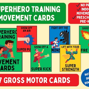 Puede incluir: Tarjetas de movimiento de entrenamiento de superh&eacute;roes con ilustraciones coloridas. Las tarjetas presentan acciones tem&aacute;ticas de superh&eacute;roes como "Super Kick" y "Fight Off the Mons". Incluye 27 tarjetas de motricidad gruesa para preescolares y pre-K.