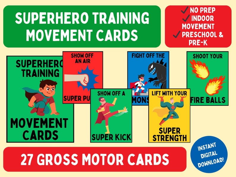 Puede incluir: Tarjetas de movimiento de entrenamiento de superh&eacute;roes con ilustraciones coloridas. Las tarjetas presentan acciones tem&aacute;ticas de superh&eacute;roes como "Super Kick" y "Fight Off the Mons". Incluye 27 tarjetas de motricidad gruesa para preescolares y pre-K.