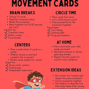 Puede incluir: Un p&oacute;ster rojo titulado "HOW TO USE MOVEMENT CARDS" con instrucciones para pausas cerebrales, tiempo de c&iacute;rculo, centros, en casa e ideas de extensi&oacute;n. Una ilustraci&oacute;n de superh&eacute;roe de dibujos animados est&aacute; en la parte inferior. El p&oacute;ster est&aacute; dise&ntilde;ado para actividades infantiles.