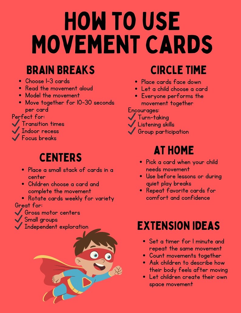 Puede incluir: Un p&oacute;ster rojo titulado "HOW TO USE MOVEMENT CARDS" con instrucciones para pausas cerebrales, tiempo de c&iacute;rculo, centros, en casa e ideas de extensi&oacute;n. Una ilustraci&oacute;n de superh&eacute;roe de dibujos animados est&aacute; en la parte inferior. El p&oacute;ster est&aacute; dise&ntilde;ado para actividades infantiles.