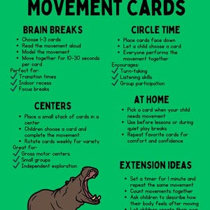Puede incluir: Un p&oacute;ster verde titulado "C&oacute;mo usar tarjetas de movimiento" con instrucciones para descansos cerebrales, tiempo de c&iacute;rculo, centros, en casa e ideas de extensi&oacute;n. Un hipop&oacute;tamo de dibujos animados est&aacute; en la parte inferior.