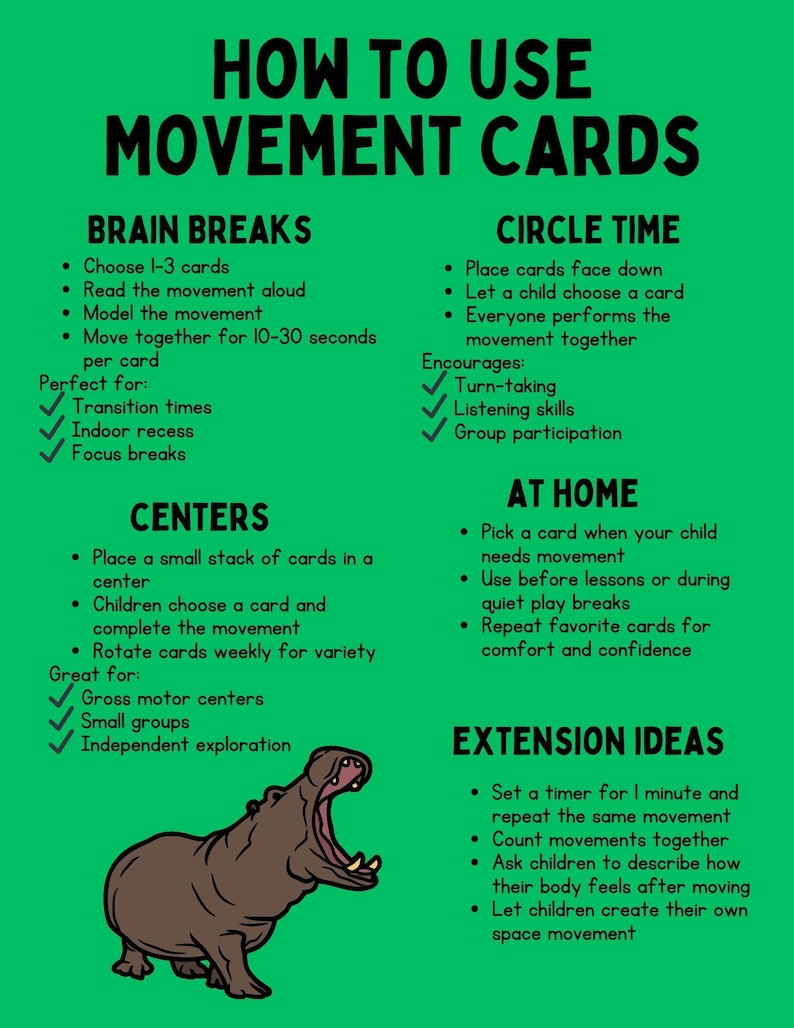 Puede incluir: Un p&oacute;ster verde titulado "C&oacute;mo usar tarjetas de movimiento" con instrucciones para descansos cerebrales, tiempo de c&iacute;rculo, centros, en casa e ideas de extensi&oacute;n. Un hipop&oacute;tamo de dibujos animados est&aacute; en la parte inferior.