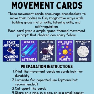 May include: Space Adventure Movement Cards for preschoolers. The cards feature space-themed movement prompts like "Dodge the Asteroids" and "Moon Walk on the Moon." Preparation instructions are included. The cards are designed to encourage physical activity.