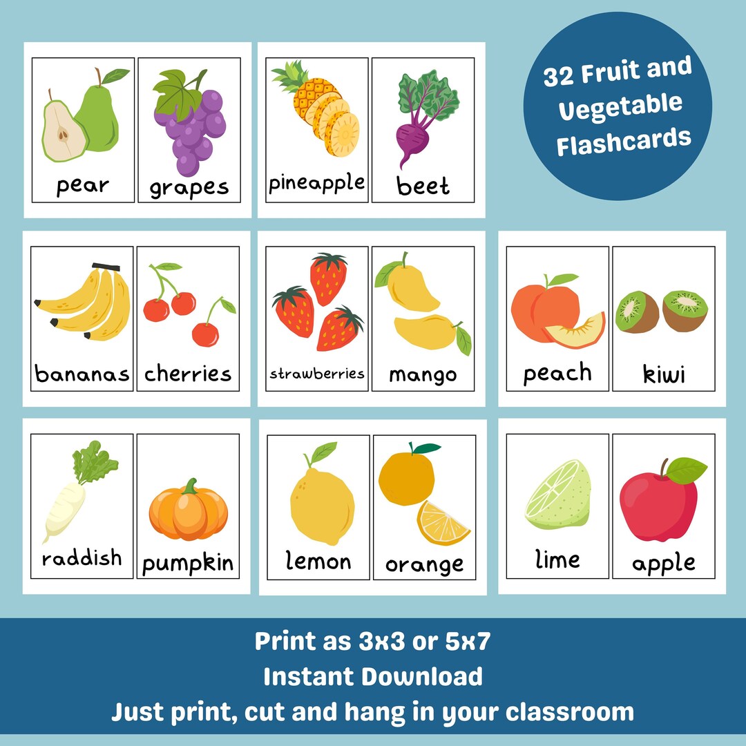 32 Fruit and Vegetable Flashcards Montessori School Tools Preschool