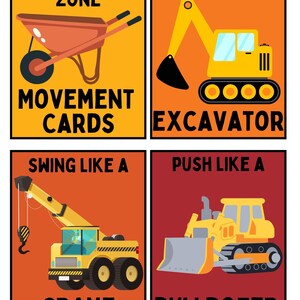 May include: Four colorful construction-themed movement cards. Each card features a different construction vehicle: a wheelbarrow, excavator, crane, and bulldozer. Text on the cards includes "Construction Zone," "Movement Cards," and action prompts.