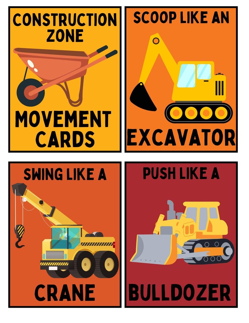 May include: Four colorful construction-themed movement cards. Each card features a different construction vehicle: a wheelbarrow, excavator, crane, and bulldozer. Text on the cards includes "Construction Zone," "Movement Cards," and action prompts.