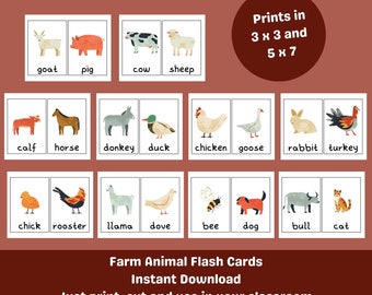 20 Tarjetas didácticas de animales de granja / Herramientas escolares Montessori / Tarjetas de estudio de educación en el hogar preescolar / Imprimible educativo / Descarga digital instantánea