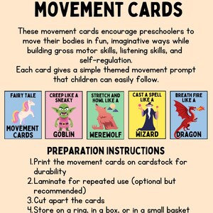 May include: Fairytale Movement Cards for preschoolers. The cards feature colorful illustrations of a unicorn, goblin, werewolf, wizard, and dragon. The text on the cards includes "Fairy Tale," "Creep Like a Sneaky," "Stretch and Howl Like a," "Cast a Spell Like a," and "Breath Fire Like a Dragon."
