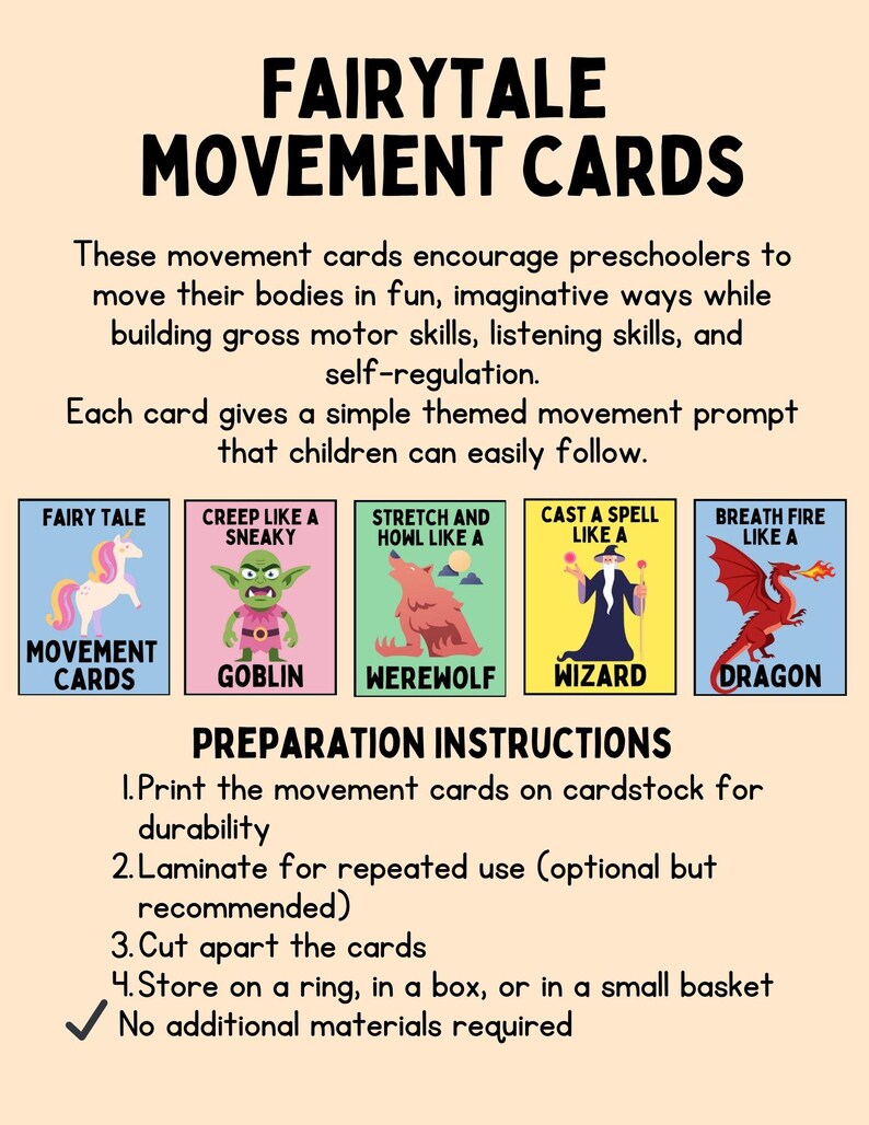 May include: Fairytale Movement Cards for preschoolers. The cards feature colorful illustrations of a unicorn, goblin, werewolf, wizard, and dragon. The text on the cards includes "Fairy Tale," "Creep Like a Sneaky," "Stretch and Howl Like a," "Cast a Spell Like a," and "Breath Fire Like a Dragon."