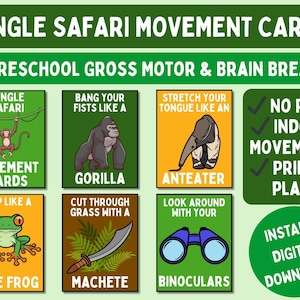 Puede incluir: Un conjunto de tarjetas de movimiento Jungle Safari coloridas con ilustraciones de animales y acciones. Las tarjetas incluyen indicaciones como "Salta como una rana arb&oacute;rea" y "Golpea tus pu&ntilde;os como un gorila". Dise&ntilde;ado para pausas motoras gruesas y cerebrales preescolares.