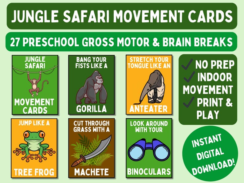 Puede incluir: Un conjunto de tarjetas de movimiento Jungle Safari coloridas con ilustraciones de animales y acciones. Las tarjetas incluyen indicaciones como "Salta como una rana arb&oacute;rea" y "Golpea tus pu&ntilde;os como un gorila". Dise&ntilde;ado para pausas motoras gruesas y cerebrales preescolares.