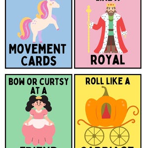 May include: Four colorful cards with fairy tale themes. The cards feature a unicorn, a king, a princess, and a carriage. Text on the cards includes "Fairy Tale Movement Cards", "Walk Proudly Like a Royal", "Bow or Curtsy at a Friend", and "Roll Like a Carriage".