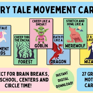 May include: Set of colorful "Fairy Tale Movement Cards" with illustrations of a unicorn, goblin, dragon, werewolf, and wizard. Includes text: "Movement Cards", "Forest", and "27 Gross Motor Cards".