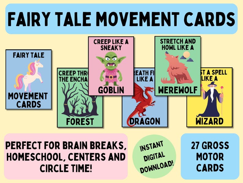 May include: Set of colorful "Fairy Tale Movement Cards" with illustrations of a unicorn, goblin, dragon, werewolf, and wizard. Includes text: "Movement Cards", "Forest", and "27 Gross Motor Cards".