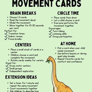 Peut inclure: Une affiche verte avec le titre "HOW TO USE MOVEMENT CARDS" en noir. Elle contient des instructions pour les pauses c&eacute;r&eacute;brales, le cercle, les centres, les id&eacute;es d'extension et les activit&eacute;s &agrave; la maison. Une illustration de dinosaure est &agrave; droite.