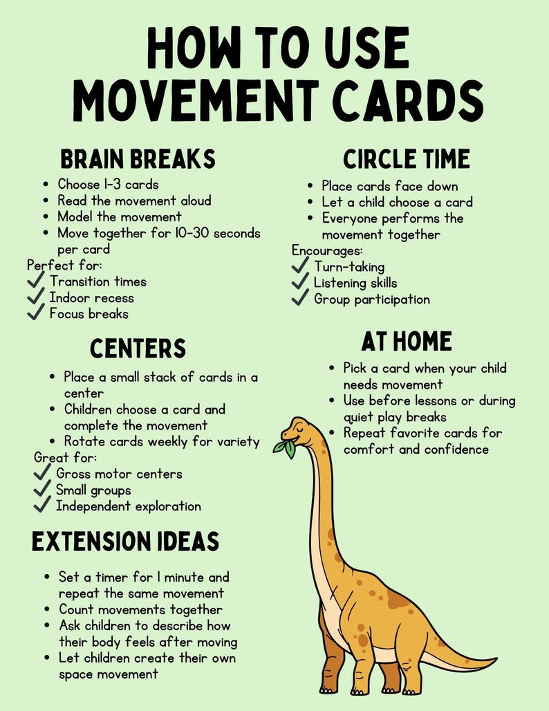 Peut inclure: Une affiche verte avec le titre "HOW TO USE MOVEMENT CARDS" en noir. Elle contient des instructions pour les pauses c&eacute;r&eacute;brales, le cercle, les centres, les id&eacute;es d'extension et les activit&eacute;s &agrave; la maison. Une illustration de dinosaure est &agrave; droite.