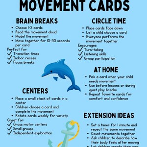 K&ouml;nnte beinhalten: Ein blaues Infografik mit dem Titel "How to Use Movement Cards" mit Anweisungen f&uuml;r Brain Breaks, Circle Time, Centers, zu Hause und Erweiterungsideen. Enth&auml;lt Illustrationen eines Delfins und eines Ankers.