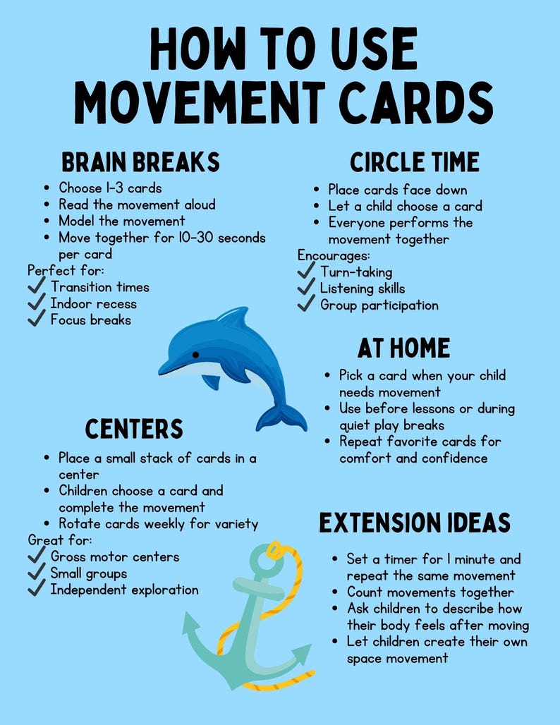 K&ouml;nnte beinhalten: Ein blaues Infografik mit dem Titel "How to Use Movement Cards" mit Anweisungen f&uuml;r Brain Breaks, Circle Time, Centers, zu Hause und Erweiterungsideen. Enth&auml;lt Illustrationen eines Delfins und eines Ankers.