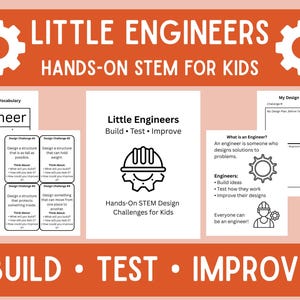 May include: Educational STEM materials for kids, featuring the text "Little Engineers" and "Hands-On STEM for Kids." Includes vocabulary, design challenges, and engineering concepts. The color scheme is orange and white.
